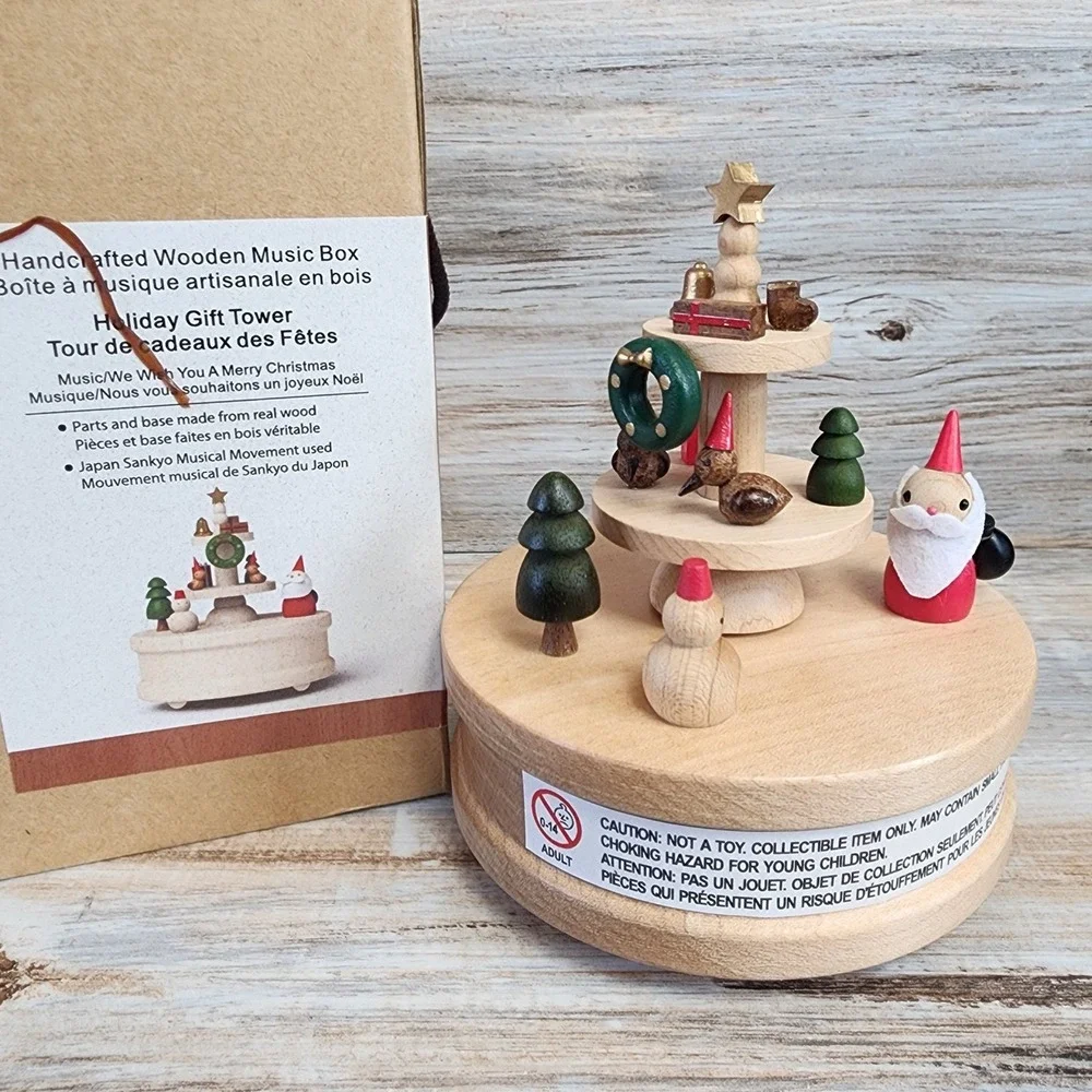 Wooderful Life Handcrafted Wooden Music Box Holiday Gift Tower Christmas Santa